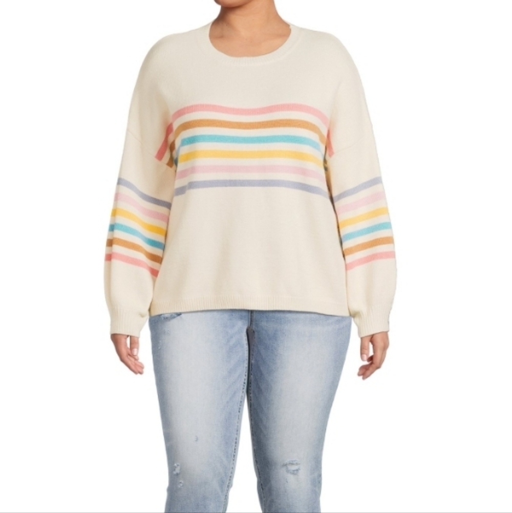 Debut Lively Rainbow Stripe Puff Sleeve  Knit Long Sleeve  Sweater